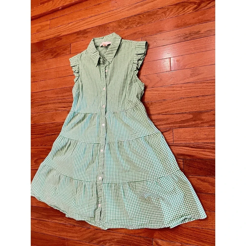 Monteau Los Angeles Girls Large Green Gingham Tiered Button Front Dress L
